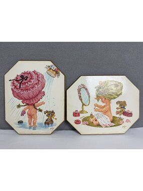 1960s Little Girl & Puppy Bath Room Wall Decor Plaques Set of 2 nursery pink